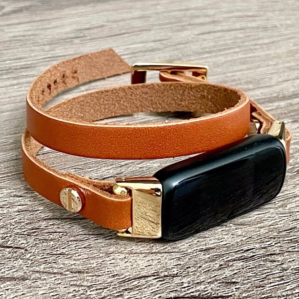 Double Wrap Light Brown Leather Strap Gold Fitbit Luxe Band Women Bracelet